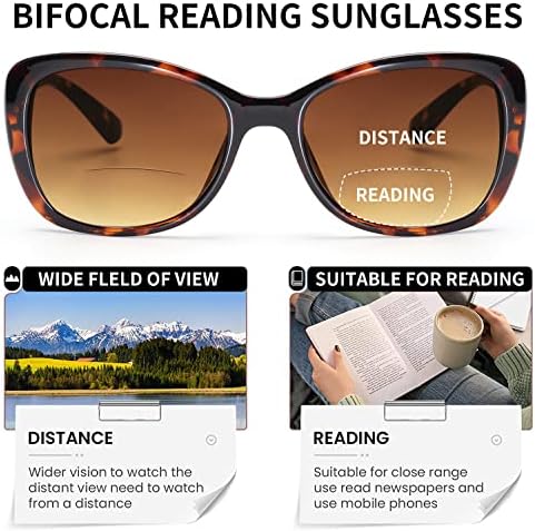 JM Women's Bifocal Reading Sunglasses, Vintage Reader Glasses UV Protection Outdoor Tortoise +1.75