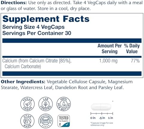 Solaray Calcium Citrate 1000mg - Chelated Calcium Supplement - Supports Bone Strength and Healthy Teeth - Easy to Digest - 60-Day Guarantee, Vegan - 30 Servings, 120 VegCaps