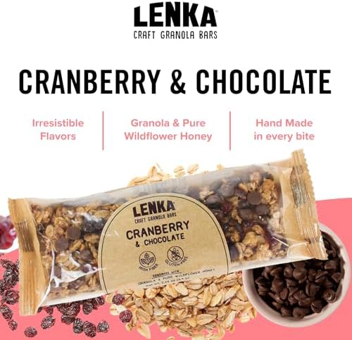 Lenka Bars - Cranberry Chocolate Snack Bars, Gluten Free, High Fiber, Kosher, Wholesome, No Artificial Flavors, Individually Wrapped - 12 Pack