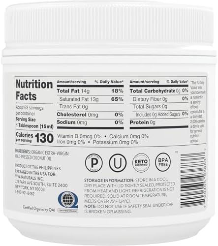 Viva Naturals Organic Coconut Oil, 32 fl oz – Unrefined, Cold-Pressed Extra Virgin Coconut Oil, USDA Organic & Non-GMO, Natural Cooking Oil, Hair Oil & Skin Oil
