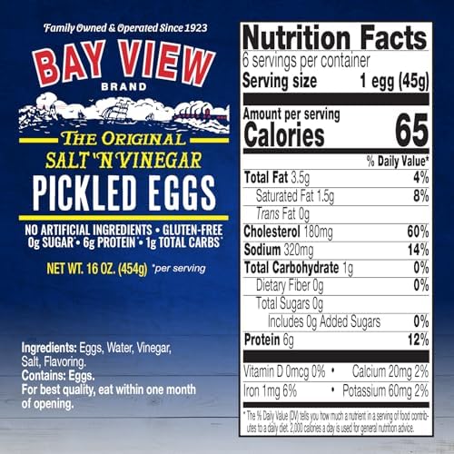 Bay View Pickled Eggs, No Artificial Ingredients, Gluten Free, 0g Sugar, 6g Protein, Fresh Grade A Eggs, Boiled and Peeled (16oz, Salt 'N Vinegar)