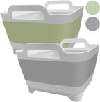 Ikaufen 2PCS Dishpan for Washing Dishes, 9L(2.4Gallon) Collapsible Wash Basin with Drain Plug Carry Handles, Collapsible Bucket for Cleaning, Vegetable Washing, RV(Green + Grey)