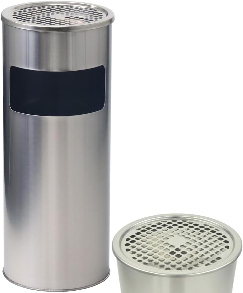 Japard Outdoor Ashtray Trash Can, Stainless Steel Garbage Can, Round Commercial Waste Bin Container Receptacle for Office, Hotel Silver