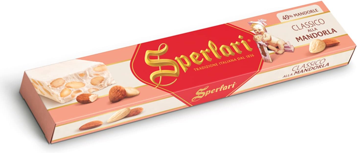 Sperlari Torrone Traditional Italian Candy - Gourmet Hard Nougat With Honey, Citrus & Crunchy Sliced Almonds - Holiday Italian Nougat Sweet Treat - Full Size Candy For Gifting - 5.29oz (150g) 1 Pack