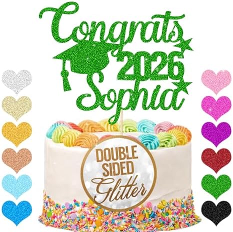 Personalized Graduation Cake Topper Class of 2026 Cake Toppers Graduation Gifts Glitter Congrats Cake Topper with Any Name for Son Daughter Friends Grandson Cake Decorations (Green)
