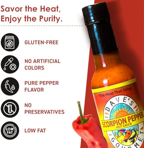 Dave's Gourmet Scorpion Pepper Hot Sauce - Extract-Free Insanely Hot Flavor - Hot Sauce for Burgers, Stews, Tacos, Pizza & More - Spicy Gluten-Free, Low Fat and Sodium - 5oz (Pack of 1)