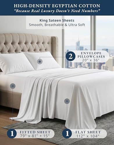 100% Egyptian Cotton Sheets King Size - Naturally Cooling & Breathable 4 Piece Silky Sateen Weave King Size Sheets Set, Ultra-Soft & Durable Hotel Luxury Sheets with 15" Snug Fit Deep Pockets - White