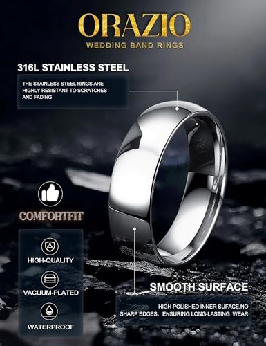 ORAZIO Stainless Steel Rings for Men Women 6MM 8MM Wedding Band Rings Silver/Black/Gold Domed High Polished Basic Wedding Bands Comfort Fit Size 6-14