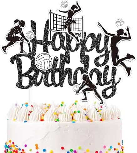 Volleyball Cake Topper Volleyball Happy Birthday Theme Party Decoration Glitter Black Sports Cake Decor Sport Ball Cake Pick for Girls Player Celebration Baby Shower Supplies