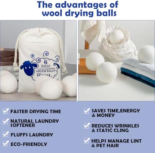 Reusable Wool Dryer Balls for Laundry, 6-Pack Handmade Drying Balls 2.36 in, Natural Fabric Softener, Helps Soften Clothes and Shorten Drying Time, with Cotton Storage Bag