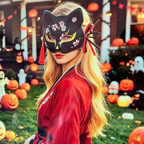 YangYong Kitsune Fox Mask for Halloween Costume,Animal Cosplay Kabuki Half Face Cat Masks Masquerade Party