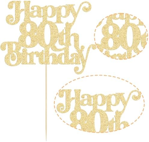 Gyufise 1Pc Happy 80th Birthday Cake Topper Glitter Happy Birthday Cake Pick Cheers to 80 Years for 80th Anniversary Wedding Party Cupcake Decorations Supplies Gold