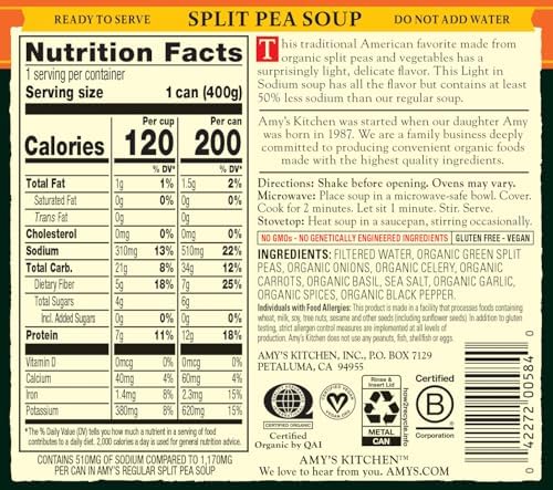 Amy's Soup, Vegan Split Pea Canned Soup, Light in Sodium, Gluten Free, Made With Organic Vegetables, 14.1 OZ (12 Pack)