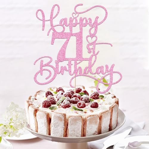 Pink Happy 71st Birthday Cake Topper 1pcs Glitter Cake Topper for One Birthday/Anniversary Theme Party Cake Decorations Supplies (71st)