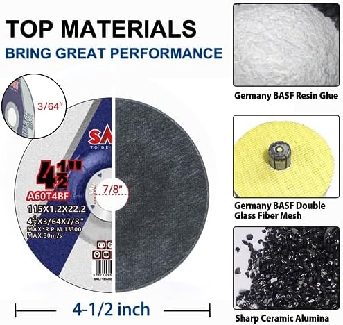 SALI 40 Pack Cut Off Wheels 4.5 Inch General Purpose Metal Depressed Center Cutting Wheel for 4.5" Grinders- Cutting Disc Aggressive Cutting 4.5" x 3/64" x 7/8" Operating Up to RPM 13300 and 80 M/S