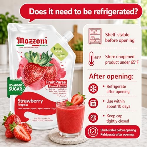 Mazzoni - Strawberry Puree, 100% Pure Strawberries, Just Fruit, No Sugar Added, Real Fruit Mixer for Cocktails, Drinks, Smoothies - 35.2 Fl Oz (2.2 lb), Convenient Pouch, Made in Italy