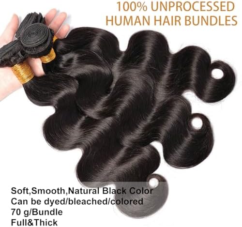 Body Wave Bundles Human Hair 14 16 18 Inch Human Hair Bundle 100% Unprocessed Brazilian Virgin Hair 3 Bundles Human Hair Extensions for Black Women Natural Color