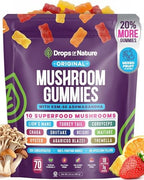 Drops Of Nature Mushroom Gummies 10-in-1 with KSM-66 Ashwagandha – Lions Mane Turkey Tail Cordyceps Shiitake Tremella Oyster Agaricus – Vegan Functional Superfood Gummies (Mixed Fruits, 70 Gummies)
