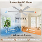 WINGBO 60 Inch Ceiling Fan without Light - 6 Plywood Blades, 6-Speed Reversible DC Motor, Noiseless Remote Control Ceiling Fan No Light for Bedroom Living Room Kitchen, Nickel and Silver/Gray