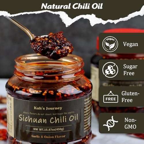 Kah's Journey Chili Oil - 15.87oz (450g) Spicy Chili Crisp with Crunchy Garlic and Onion Flavor, Vegan, Sugar Free Chili Sauce