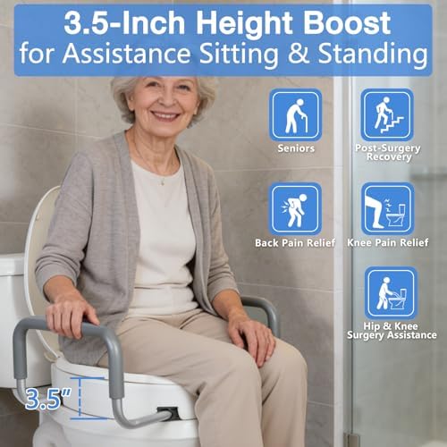 3.5 Inch Toilet Seat Risers for Seniors, Raised Toilet Seat Elongated with Removable Padded Handles, Elevated Toilet Seat for Assistance Sitting or Standing, Support to 300 lbs
