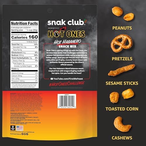 Snak Club x Hot Ones Hot Habanero Snack Mix, Spicy Snacks with Peanuts, Pretzels, Sesame Sticks, Toasted Corn & Cashews, Inspired by Hot Ones Hot Sauce, 10 oz Bag