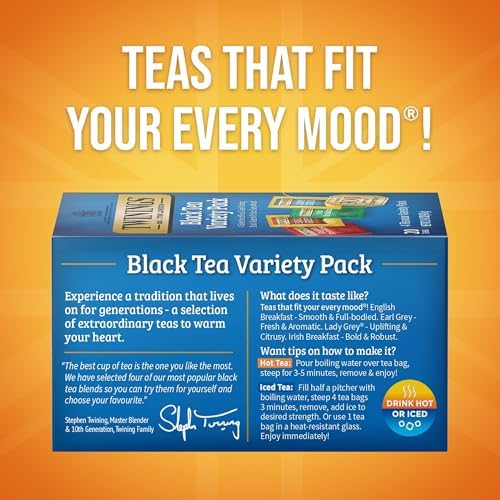 Twinings Variety Pack Black Tea Bags, 20 Count (Pack of 1), Includes English Breakfast, Earl Grey, Irish Breakfast, and Lady Grey, Caffeinated, Enjoy Hot or Iced, 20 Teabags