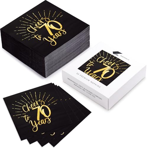 WRAPAHOLIC 50Pcs 70th Birthday Napkins - 3-Ply Disposable Paper Cocktail Napkin, Black and Gold Foil Cheers to 70 Years - 5 x 5 In