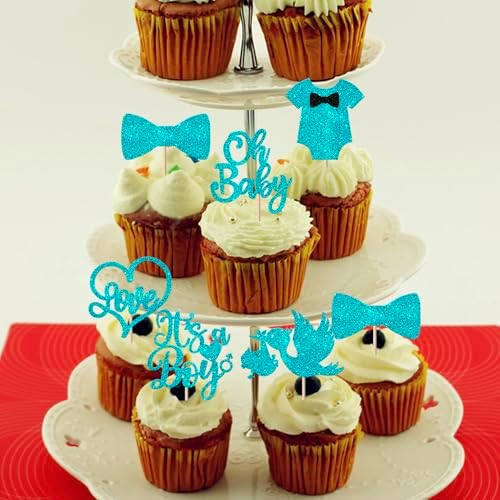 Rsstarxi 24 Pack It's a Boy Cupcake Toppers Oh Baby Shower Cake Toppers Decorations Blue Tie Cupcake Picks for Gender Reveal Baby Shower Boy Birthday Party Cake Decorations Blue
