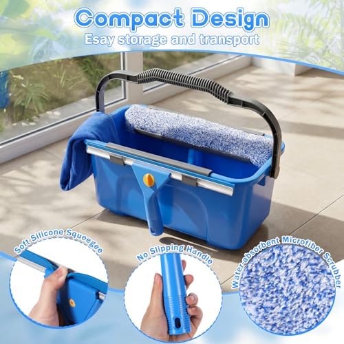 Window Cleaning Kit with 3 Gallon Bucket 14" Window Squeegee with 61" Long Handle 15" Microfiber Scrubber Glass Cleaner Set Tool for Home Outdoor Commercial Use