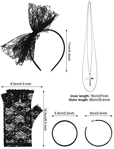 Blulu 80s Fancy Dress Costume Accessories Lace Headband Earrings Fishnet Gloves Necklace Bracelet for 80s Retro Party (Black)