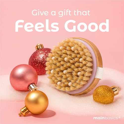 MainBasics Dry Brushing Body Brush for Lymphatic Drainage, Dry Skin, Cellulite, Blood Circulation with Exfoliating Natural Bristles and Massage Nodes for Flawless Skin