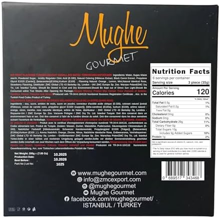 Mughe Gourmet Turkish Delight Candy Elegant Gift Box - 7oz/200g - Halal, Vegan Lokum Fruit Flavors Rose, Strawberry, Lemon, Orange, Mint - Gifts for Special Occasions, Christmas, Halloween