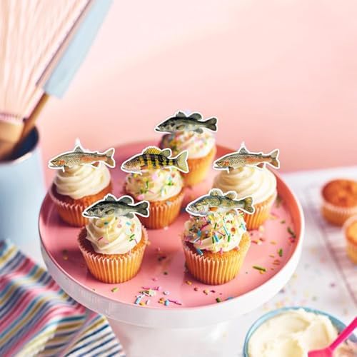 40PCS Edible Fish Cupcake Toppers Fishing Theme Party Cake Decorations Baby Shower Boys Girls Gone Fish Party Summer Theme Outdoor Fishing Party Favors Cake Decor Supplies