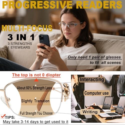 Photochromic Progressive Multifocus Reading Sunglasses for Women, Stylish Metal Half Frame Anti Blue Light Readers