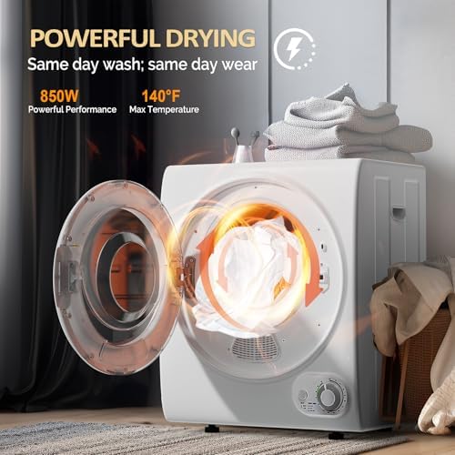 ROVSUN 110V Portable Clothes Dryer, High End Laundry Front Load Tumble Dryer Machine with Stainless Steel Tub & Simple Control Knob for Apartment, Dorm-850W, White