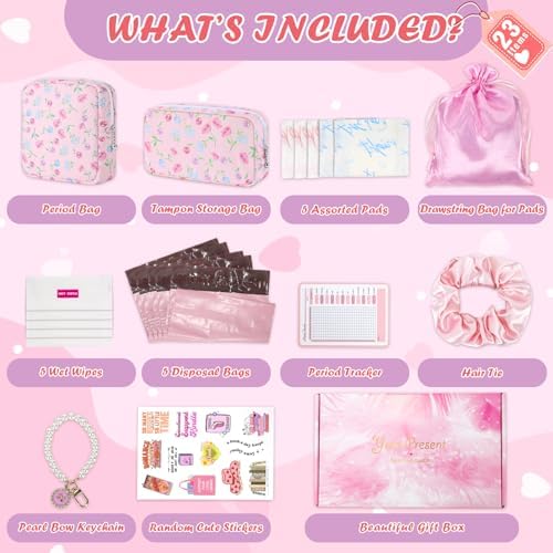 22 PCS First Period Starter Kit Gift for Teen Girls Period Bags for Teen Tweens Girls with Sanitary Pad Storage Bag, Wipes, Menstrual Tracker, Disposal Pouches and More (Pink Floral)