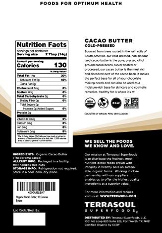 Terrasoul Superfoods Organic Cacao Butter, 1 Lb - Raw | Keto | Vegan | Unrefined
