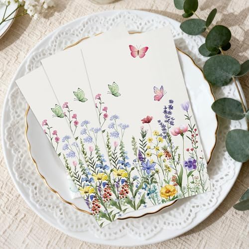 50 Spring Floral Paper Napkins, Wildflower Flower Butterfly Disposable Decorative Guest Napkins for Spring Summer Party, Bridal Shower, Baby Shower, Tea Party, Birthday Table Decorations