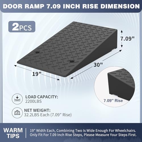 Rubber Threshold Ramp 7.09 Inch Rise, Wheelchair Rubber Door Ramp with Non-Slip Surface, Home Step Ramp with Channel for Wheelchairs/Cars/Scooters (2PCS, 2200LBs Loading)