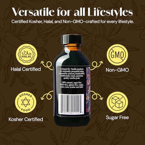 Organic Vanilla Alcohol‑Free Flavor, 4 fl oz - Madagascar Bourbon vanilla, 100% natural, sugar‑free, GMO‑free, gluten‑free, vegan, paleo, keto, kosher, and halal