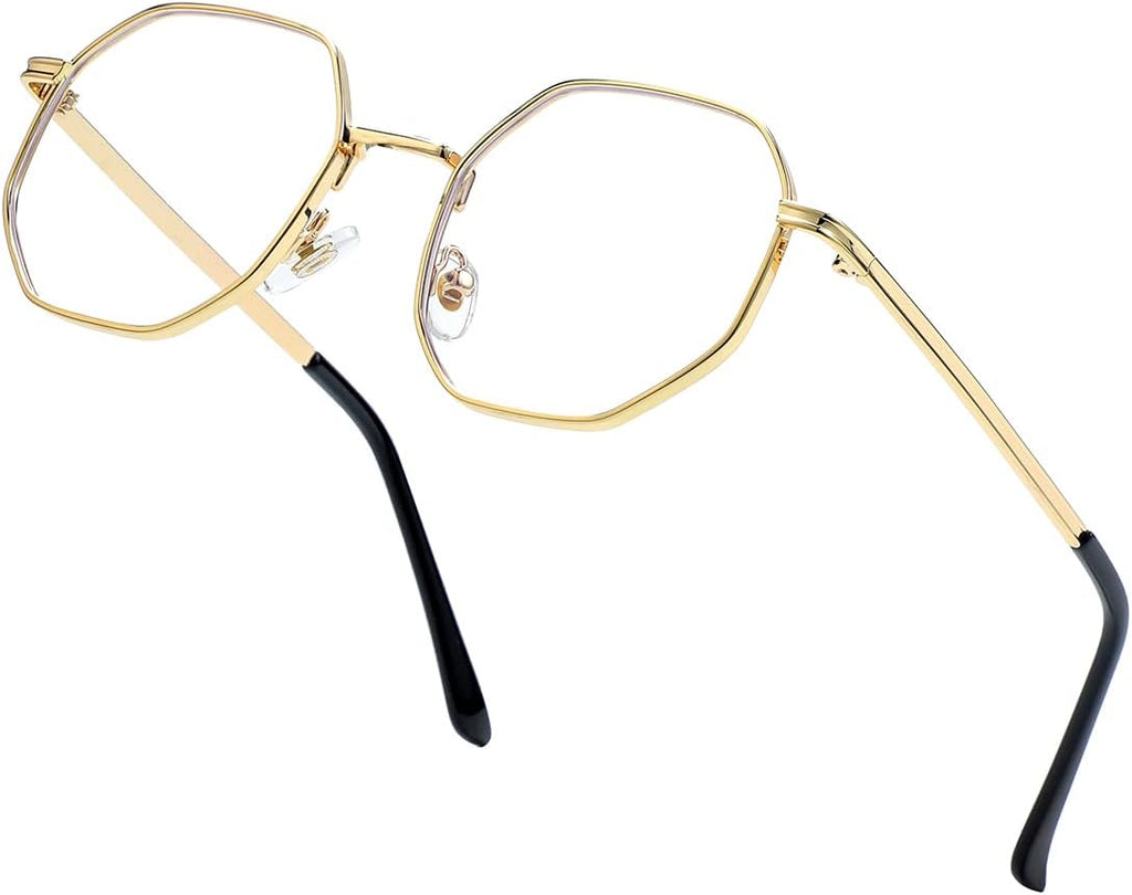 JOVAKIT Polygon Blue Light Blocking Glasses for Women Men Vintage Octagon Square Non-prescription Metal Eyeglasses