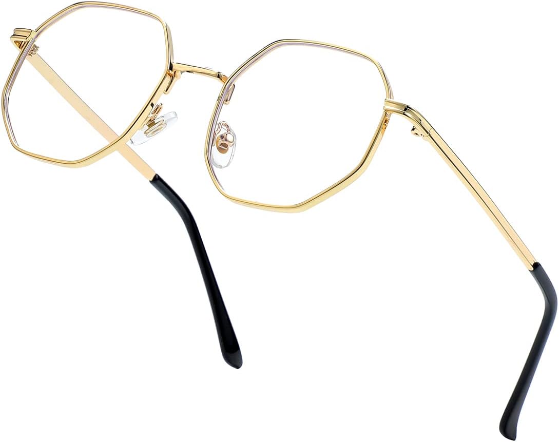JOVAKIT Polygon Blue Light Blocking Glasses for Women Men Vintage Octagon Square Non-prescription Metal Eyeglasses