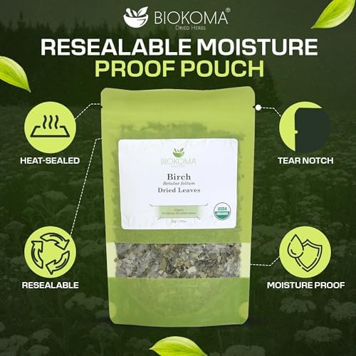 Biokoma Organic Birch Leaf Tea Loose Dried Leaves 50g 1.76oz - Detox Support Digestion Immunity Herbal Tea - USDA Organic - Resealable Moisture Proof Pouch - No Additives - Non GMO - Kosher