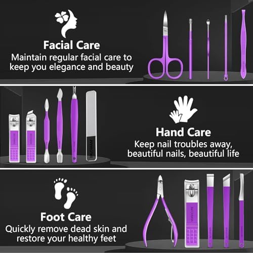 Manicure Set 16Pcs Professional Stainless Steel Pedicure Kit Mens Grooming Kit Fingernail & Toenail Clippers Set Manicure Kit with Luxurious Travel Bag, Sharp Nail Scissors and Clipper (Purple)