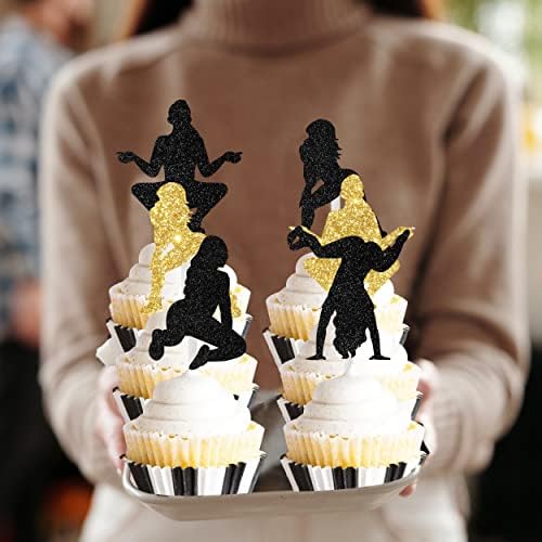 Cheereveal 24PCS Twerk Cupcake Toppers, Black and Gold Glitter Pole Dancing Cupcake Toppers for Funny Halloween Bachelorette Adults Birthday Party Decorations