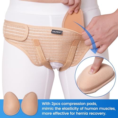 VELPEAU Hernia Belt for Men & Women - Bilateral/Double Inguinal, Groin Hernia Support Truss Underwear Briefs, Pain Relief Recovery Adjustable Strap with 2 Removable Medical Compression Pads (Khaki, L)