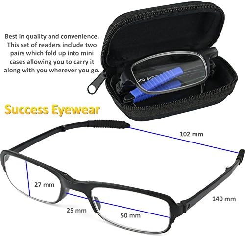 Success Eyewear Reading Glasses 2 Pair Fashion Folding Readers with Cases Unisex Glasses for Reading for Men and Women