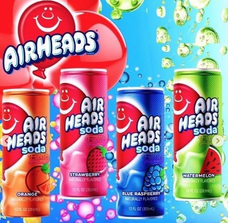 Airheads Soda 4 Pack – Blue Raspberry, Orange, Watermelon & Strawberry Flavored Soft Drinks – Fruity Carbonated Soda Variety Pack