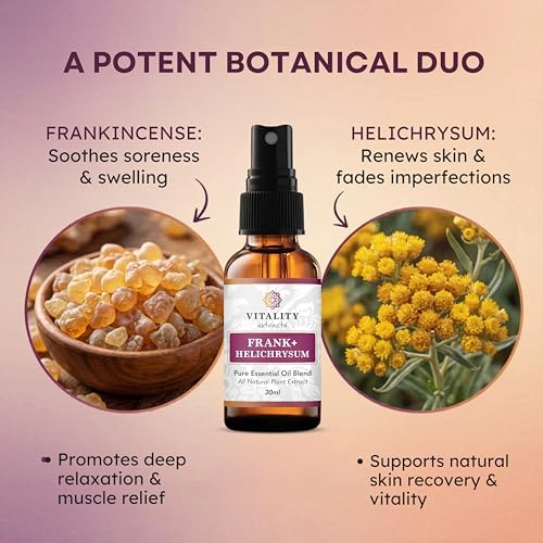Vitality Extracts Frank+ Helichrysum Essential Oil Blend - 30ml Spray Bottle, Frankincense Boswellia Seratta, Aromatherapy, Soft Skin, Relief from Daily Aches & Soreness, Natural